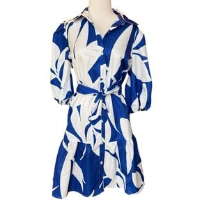 NWT Laurie Dress YH&CO White Blue Leaf Print 3/4 Sleeve Belted Ruffle Skirt 12/L